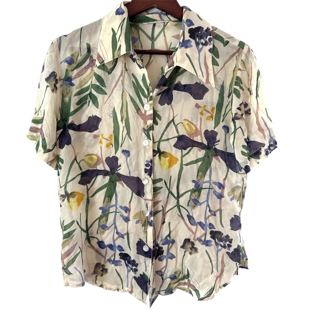 Vintage Silk Chiffon Floral Art Shell Button Up Top Large